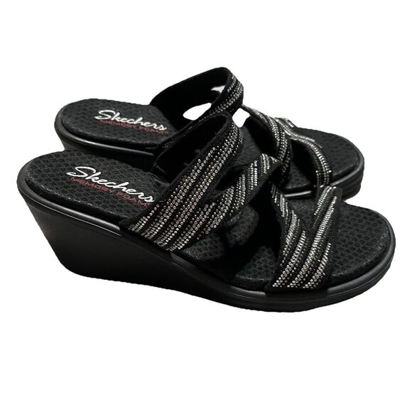 Skechers Memory Foam Rumblers Mega Flash Rhinestone Strappy Wedge Sandals 7 Blk - Picture 1 of 8